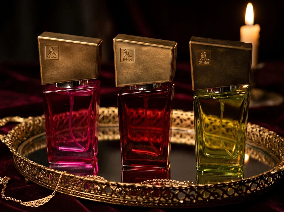 Shiatsu Damen Pheromon-Set auf goldenem Tablett im Kerzenlicht