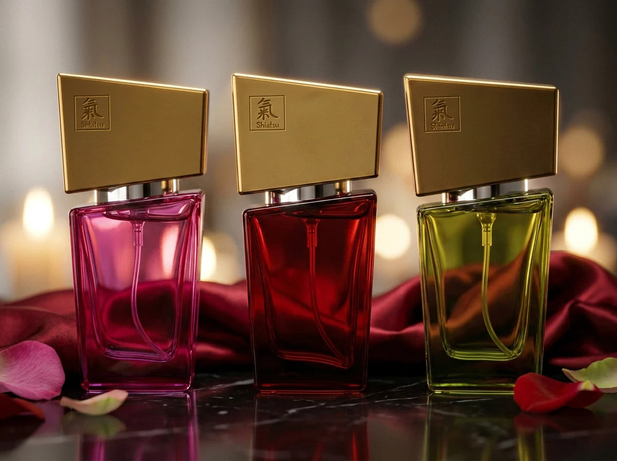 Shiatsu Damen Pheromon-Set auf roter Seide mit Rosenblättern