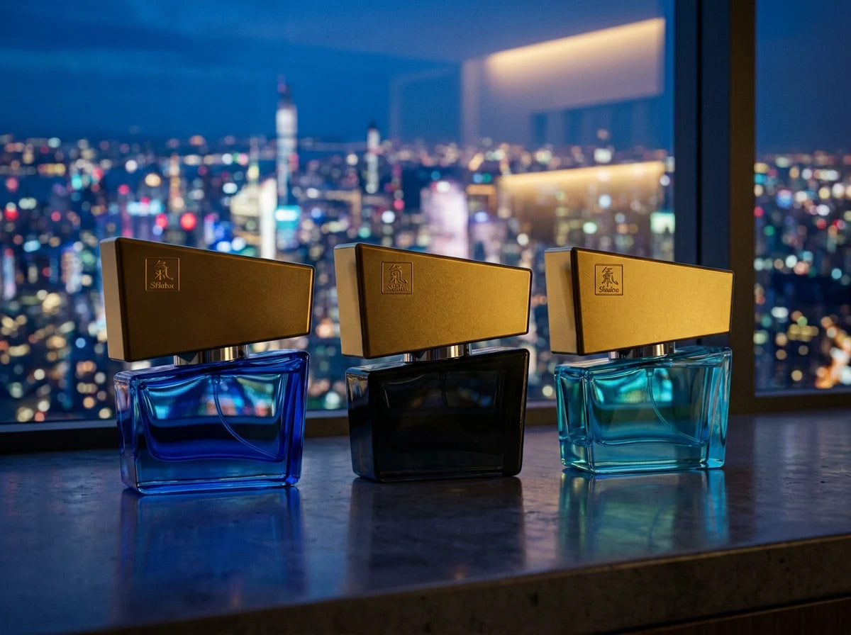 Shiatsu Herren Pheromon-Set vor nächtlicher Skyline